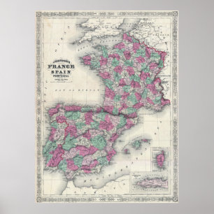 ヴィンテージスペインとフランスの地図(1865年) ポスター