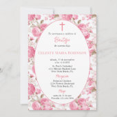 ヴィンテージスペインのピンクローズフローラバプテスマ 招待状 (正面)