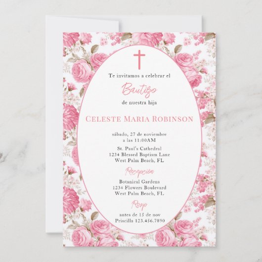 ヴィンテージスペインのピンクローズフローラバプテスマ 招待状 (正面)