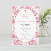 ヴィンテージスペインのピンクローズフローラバプテスマ 招待状 (スタンド正面)