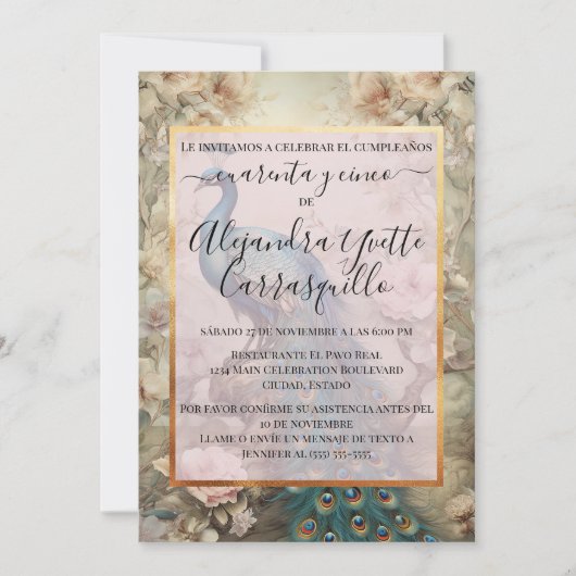 ヴィンテージスペインのピーコックシック45th誕生日 招待状 (正面)