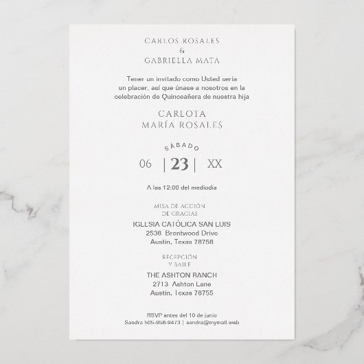 ヴィンテージスペインのフローリッシュベリウムエフェクトMIS XVアニョス 箔招待状 (裏面)