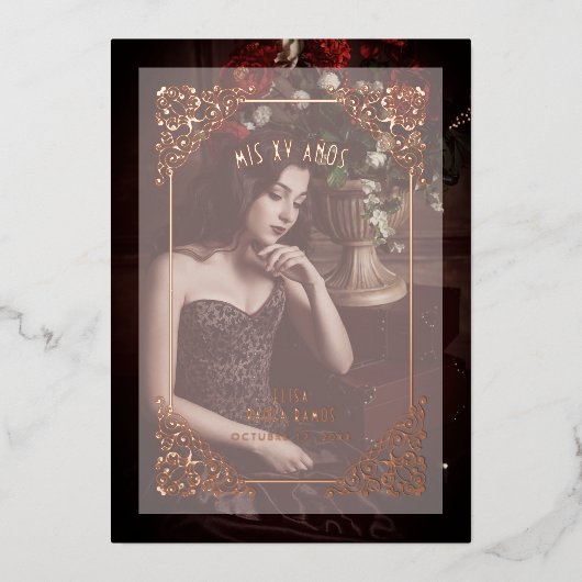 ヴィンテージスペインのフローリッシュベリウムエフェクトMIS XVアニョス 箔招待状 (正面)