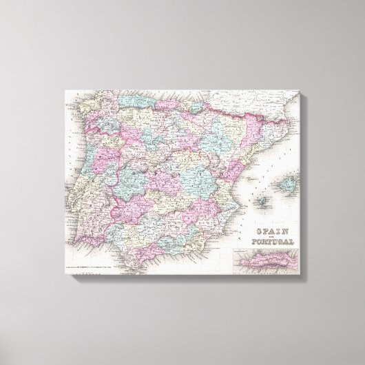 ヴィンテージスペインの地図（1855年） キャンバスプリント (正面)