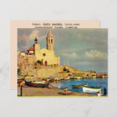 ヴィンテージスペイン、シッチェス、大聖堂とウォーターフロント ポストカード (正面/裏面)