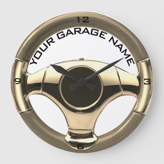 ヴィンテージスポーツカーのウッドクロムステアリングホイール ラージ壁時計 (正面)