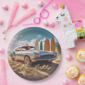 ヴィンテージスポーツカー熱帯ビーチハッピーバースデー ペーパープレート (パーティー)