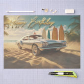 ヴィンテージスポーツカー熱帯ビーチハッピーバースデー 薄葉紙 (クラフト)