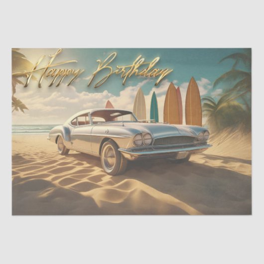 ヴィンテージスポーツカー熱帯ビーチハッピーバースデー 薄葉紙 (正面)