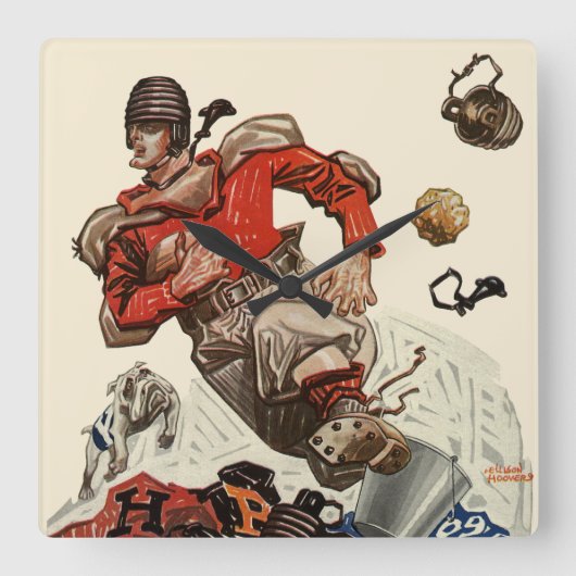 ヴィンテージスポーツサッカークォーターバックランニングプレイヤー スクエア壁時計 (正面)