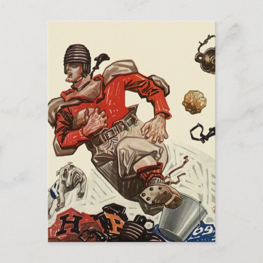 ヴィンテージスポーツサッカー選手とブルドッグマスコット ポストカード (正面)