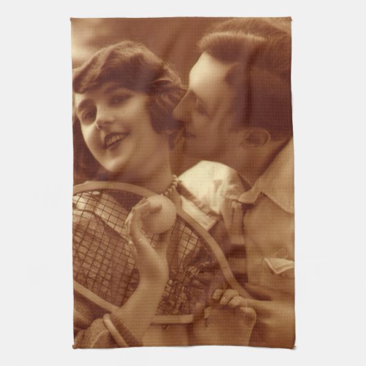 ヴィンテージスポーツテニス、愛とロマンス キッチンタオル (縦)