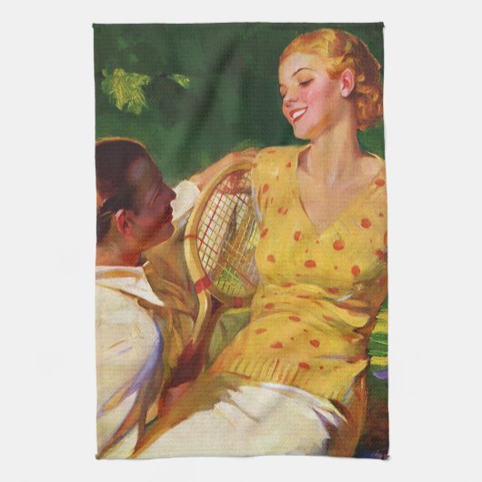 ヴィンテージスポーツテニス、愛とロマンス キッチンタオル (縦)