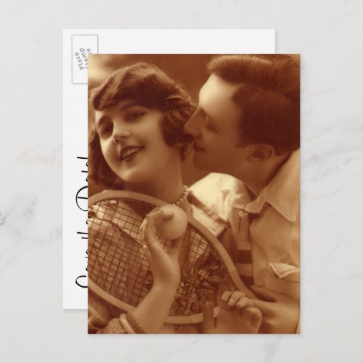 ヴィンテージスポーツテニス、結婚式の日付を保存 案内ポストカード (正面/裏面)