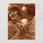 ヴィンテージスポーツテニス、結婚式の日付を保存 案内ポストカード (正面)