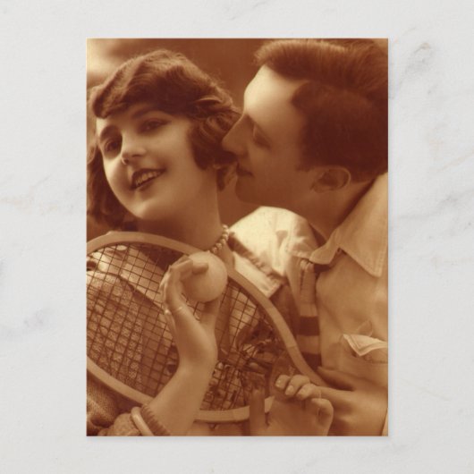 ヴィンテージスポーツテニス、結婚式の日付を保存 案内ポストカード (正面)