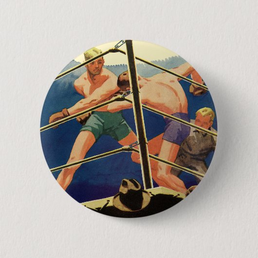 ヴィンテージスポーツボクシング、試合中のボクサー 缶バッジ (正面)