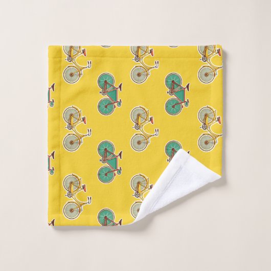 ヴィンテージスポーツ自転車。レトロの黄色い模様 バスタオルセット (ウォッシュタオル)