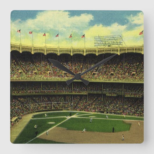ヴィンテージスポーツ野球場と群衆 スクエア壁時計 (正面)