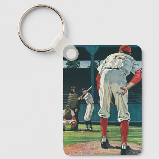 ヴィンテージスポーツ野球選手がマウンドで投手 キーホルダー (正面)