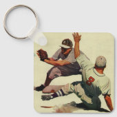 ヴィンテージスポーツ野球選手、ホームに滑り込む選手 キーホルダー (正面)