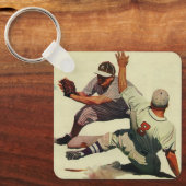 ヴィンテージスポーツ野球選手、ホームに滑り込む選手 キーホルダー (正面)