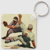 ヴィンテージスポーツ野球選手、ホームに滑り込む選手 キーホルダー (裏面)