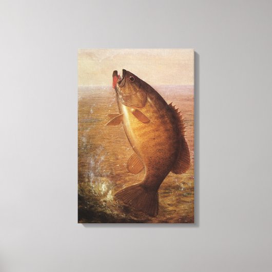ヴィンテージスポーツ魚釣りラージムウスブラウンバスフィッシュ キャンバスプリント (正面)