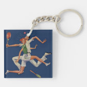 ヴィンテージスポーツ，テニス選手がラケットでクラッシュ キーホルダー (裏面)