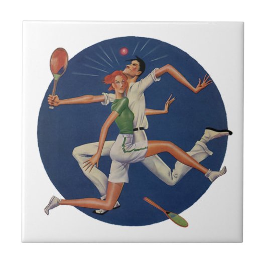 ヴィンテージスポーツ，テニス選手がラケットでクラッシュ タイル (正面)