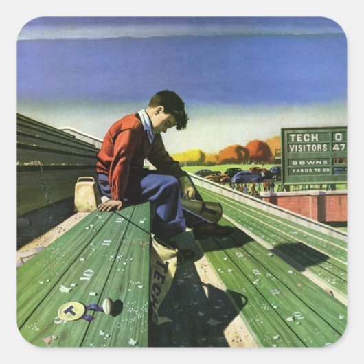 ヴィンテージスポーツ，悲しいサッカーファンとメガホン スクエアシール (正面)