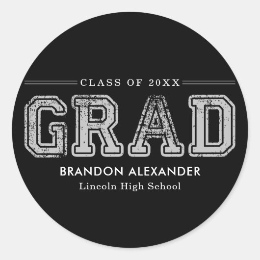 ヴィンテージスポーティ編集可能カラー卒業ステッカー ラウンドシール (正面)