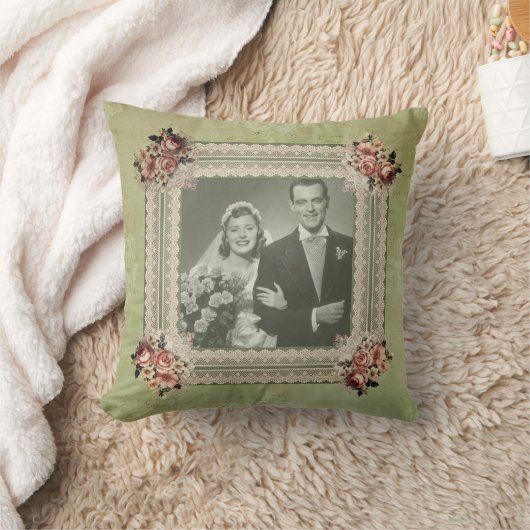 ヴィンテージスモークグリーンダマスクのメモリーフォト クッション (ブランケット)