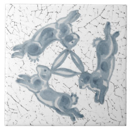 ヴィンテージスリーウサギトリオブルー&ホワイトデルフト タイル