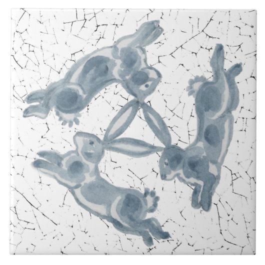 ヴィンテージスリーウサギトリオブルー&ホワイトデルフト タイル (正面)