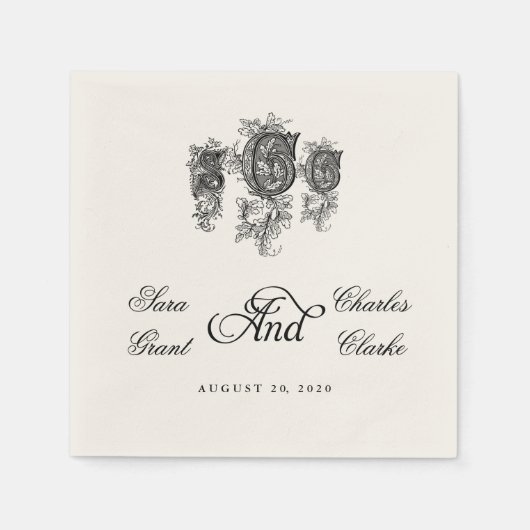 ヴィンテージスリーモノグラムSCC結婚の紙ナプキンス スタンダードカクテルナプキン (正面)