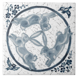 ヴィンテージスリーラビットハレトリオブルー&ホワイトデルフト タイル