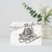 ヴィンテージスレッドクリスマスホリデーウィンターボーイガール ポストカード (スタンド正面)