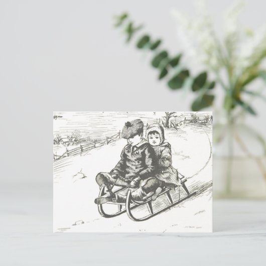 ヴィンテージスレッドクリスマスホリデーウィンターボーイガール ポストカード (スタンド正面)