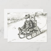 ヴィンテージスレッドクリスマスホリデーウィンターボーイガール ポストカード (正面/裏面)