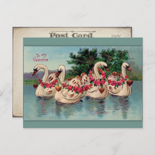 ヴィンテージスワンとバラバレンタインデーはがき シーズンポストカード (正面/裏面)