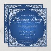 ヴィンテージスワーエレガントルズホリデーパーティーブルー 招待状 (正面/裏面)