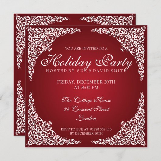 ヴィンテージスワーエレガントルズホリデーパーティーレッド 招待状 (正面/裏面)