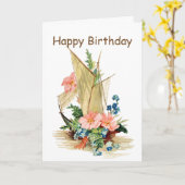 ヴィンテージセイルボートウィズフラワーズ誕生日 カード (黄色い花)