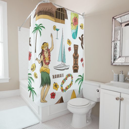  ヴィンテージセットアイコンとハワイアンのパターン シャワーカーテン (インサイチュ)