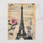ヴィンテージセピアエッフェルタワー&ピンクフラワー ポストカード (正面)