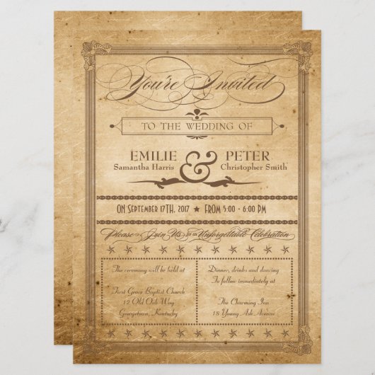 ヴィンテージセピアポスタースタイル結婚式の招待 招待状 (正面/裏面)