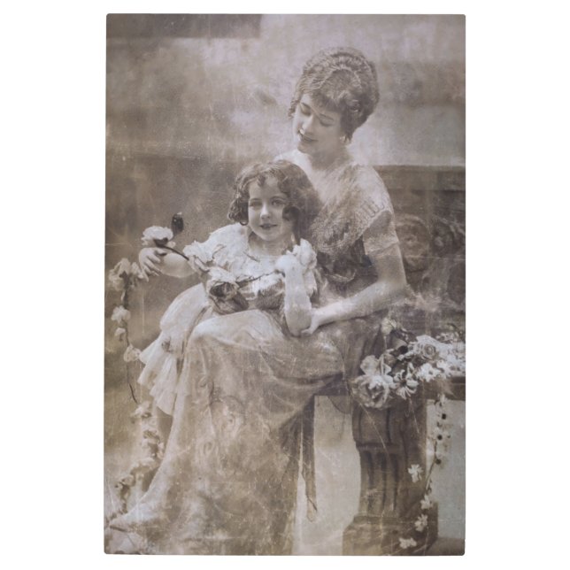ヴィンテージセピアマザー&チャイルドポートレート メタルプリント (正面)