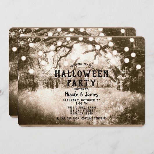 ヴィンテージセピア不気味フォレストライトハローウィンパーティ 招待状 (正面/裏面)