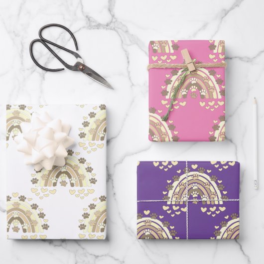 ヴィンテージセピア虹の犬の手とハート包装 ラッピングペーパーシート (正面)